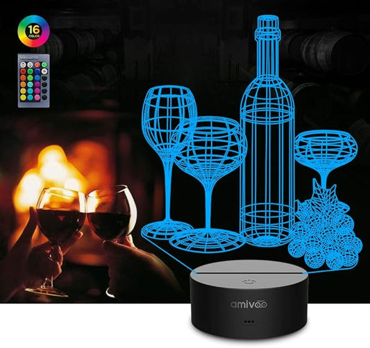 Wine Cup Wine Bottle 3D Night Light 16 Color Changing with Remote 3D Optical Illusion Lamp Birthday Christmas Gifts for Wife Husband Men Adults Home Wine Bar Christmas Decoration - LeafyLoom