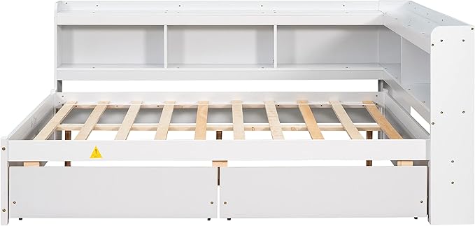 Full Size Bed with Storage Drawers and L-Shaped Bookcases, Wood Platform Bed Daybed Sofa Bed Frame with Headboard for Bedroom Living Room, White - LeafyLoom