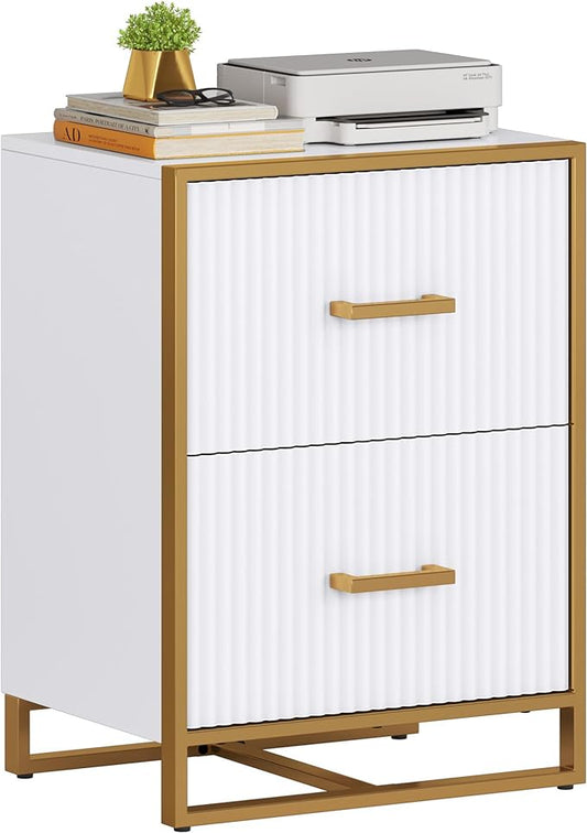 YITAHOME 2 Drawer File Cabinet, Lateral Filing Cabinet for Home Office, White and Gold - LeafyLoom