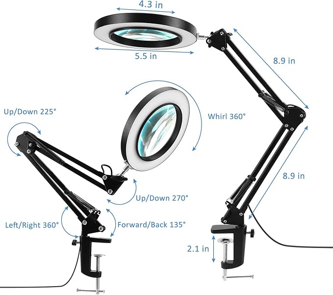 2-in-1 Magnifying Glass with Light and Stand, 10X Real Glass Lens 3 Color Modes Stepless Dimmable, Adjustable LED Lighted Magnifier Desk Lamp with Clamp for Repair, Reading, Crafts, Close Work - LeafyLoom