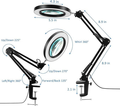 2-in-1 Magnifying Glass with Light and Stand, 5X Real Glass Lens, 3 Color Modes Stepless Dimmable, Magnifying Desk Lamp & Clamp, LED Lighted Magnifier for Repair, Reading, Crafts, Close Works - LeafyLoom