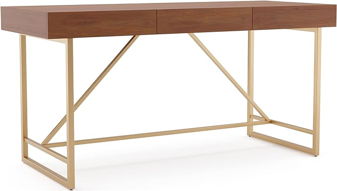 Lizon Modern 60 Inch Wood Desk with Drawers, Office Table with Storage, Vanity Without Mirror for Bedroom, Study Room, Dorm, 60-inch, Light Walnut Brown and Gold - LeafyLoom