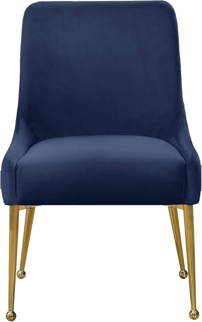 Meridian Furniture Owen Collection Modern | Contemporary Velvet Upholstered Dining Chair with Polished Gold Legs, Set of 2, 24" W x 21" D x 34.5" H, Navy - LeafyLoom