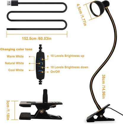 Clip on Light Reading Light for Bed 3 Color Modes 10 Dimmable Brightness Eye Care Clamp Desk Lamp Flexible Gooseneck Book Light for Reading in Bed Desk Light for Bed Headboard Computer - LeafyLoom