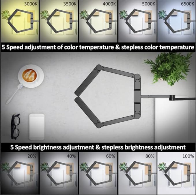 LED Desk Lamp with Clamp, 41.5" Clamp on Architect Desk Lamp for Home Office, 24W Bright Tall Computer LED Desk Light Clip on Office Lamp Adjustable Overhead Table Light for Work Craft - LeafyLoom