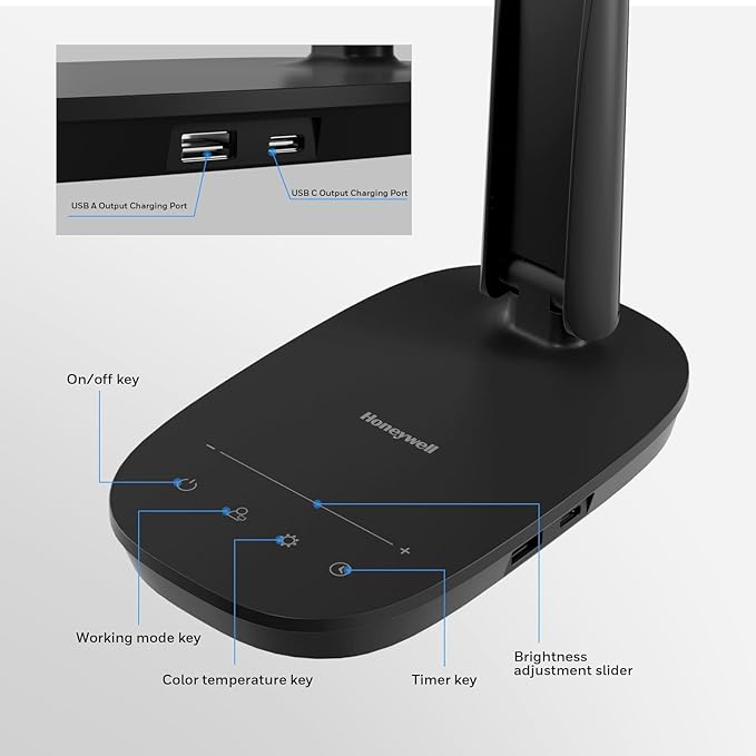Honeywell Sunturalux™ LED Desk Lamp Dimmable Desk Light with USB A+C Dual Charging Port Eye-Caring Foldable Table Lamp with 4 Color Modes for Home Office Bedroom Reading Study Work HWT-H2B Black - LeafyLoom