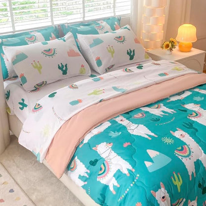 Wajade Kids Llama Comforter Set Bed in A Bag Twin Size 7 Piece Cute Alpaca Tropical Plant Cactus Bedding Set for Girls Boys (1 Comforter, 1 Flat Sheet, 1 Fitted Sheet, 2 Pillowcase and 2 Pillow Sham) - LeafyLoom