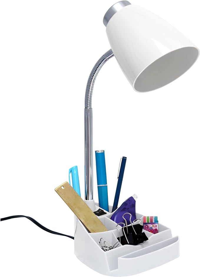 Simple Designs LD1067-WHT Compartmental Desk Lamp with iPhone/iPad/Tablet Stand, Bendable Gooseneck, for Office, Living Room, Nightstand, Library, Entryway, White - LeafyLoom