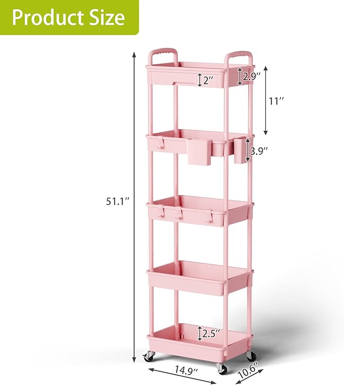 5 Tier Small Rolling Cart Organizer,Bathroom Cart Organizers with Wheels Laundry Room Organization Mobile Shelving Unit Utility Cart Storage Shelves Multi-Functional for Office, Home(Pink) - LeafyLoom