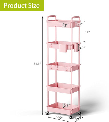 5 Tier Small Rolling Cart Organizer,Bathroom Cart Organizers with Wheels Laundry Room Organization Mobile Shelving Unit Utility Cart Storage Shelves Multi-Functional for Office, Home(Pink) - LeafyLoom