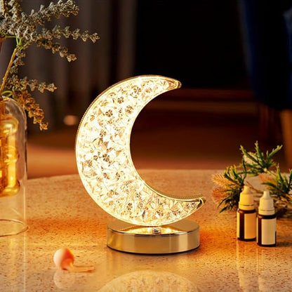 Cordless Moon Crystal Table Lamp,3-Color Touch Control, Rechargeable Battery - Ideal Bedside Lamp for Bedroom Nightstand (Gold Moon) - LeafyLoom