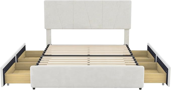 Full Size Upholstered Platform Bed Frame with 4 Storage Drawers and Adjustable Headboard, Wooden Slats Support, No Box Spring Needed, Beige - LeafyLoom