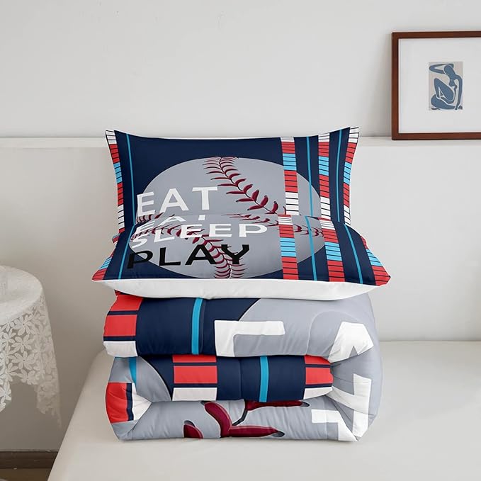 Feelyou Baseball Comforter Set Sports Game Bedding Set for Boys Girls Baseball Gaming Blue Stripe Comforter Gift for Baseball Softball Lover Room Decor Queen Size Quilt Boys - LeafyLoom