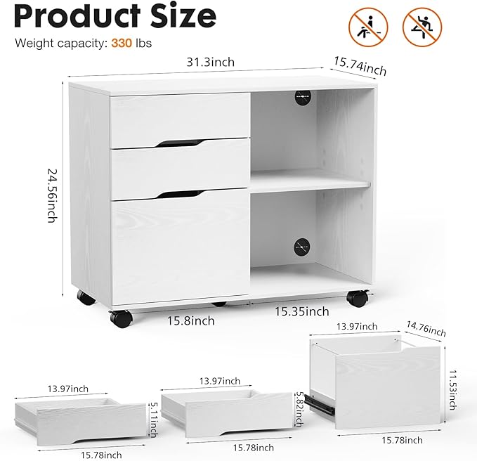 Sweetcrispy 3 Drawer File Cabinet Organizer Lateral Printer Stand Rolling Desk with Adjustable Storage Shelves for Office Home Small Space, White Wood - LeafyLoom