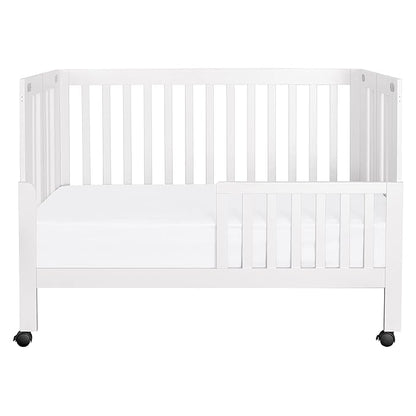 Babyletto Maki Full-Size 2-in-1 Portable Folding Crib with Toddler Bed Conversion Kit in White, Greenguard Gold Certified - LeafyLoom