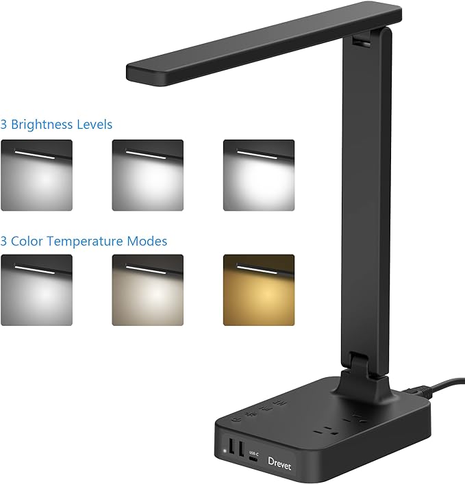 Drevet LED Desk lamp with USB C Charging Port, Table Light with 3 USB Charger and 2 AC Power Outlet, 3 Color Model, 3 Level Brightness, Touch Control, Memory Function, Eye-Caring Office Foldable Lamp - LeafyLoom