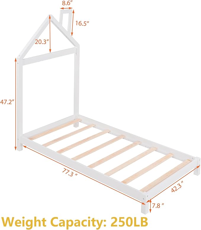 Twin Bed Frame/Kids Bed Frames with Headboard and Slats, Wood Platform Bed with House Shaped Headboard, Twin Size Bed for Kids, Boys, Girls, No Box Spring Needed(White) - LeafyLoom