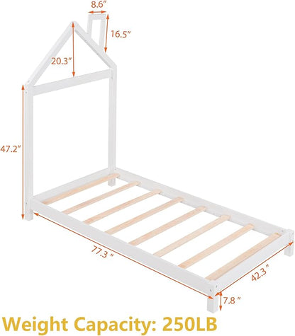 Twin Bed Frame/Kids Bed Frames with Headboard and Slats, Wood Platform Bed with House Shaped Headboard, Twin Size Bed for Kids, Boys, Girls, No Box Spring Needed(White) - LeafyLoom