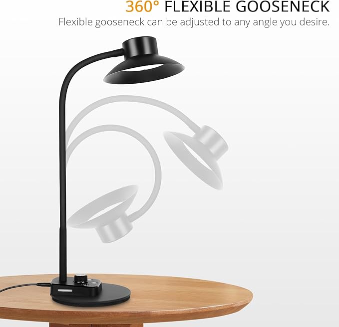 LED Desk Lamp for Office Home, Dimmable Reading Light with USB Charging Ports, Bedside Lamp with 5 Color Modes & Stepless Dimming, 360° Flexible Gooseneck Table Lamp(Adapter Included) - LeafyLoom