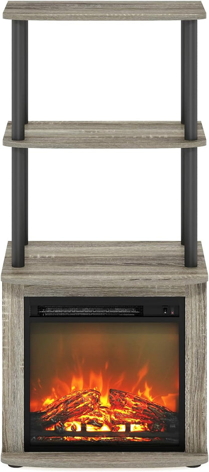 Furinno Turn-N-Tube 2-Tier Tall TV Entertainment Side Table Display Rack with Fireplace Insert, French Oak Grey/Black - LeafyLoom