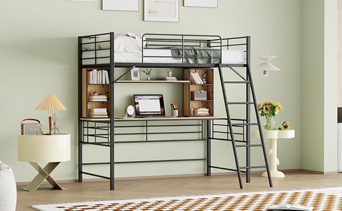 RITSU Twin Size Loft Bed with Desk and Storage Shelves, Metal BedFrame,w/Ladder & Fenced Around Guardrails, Easy Assembly, for Adults, Kids, Teens, Black - LeafyLoom