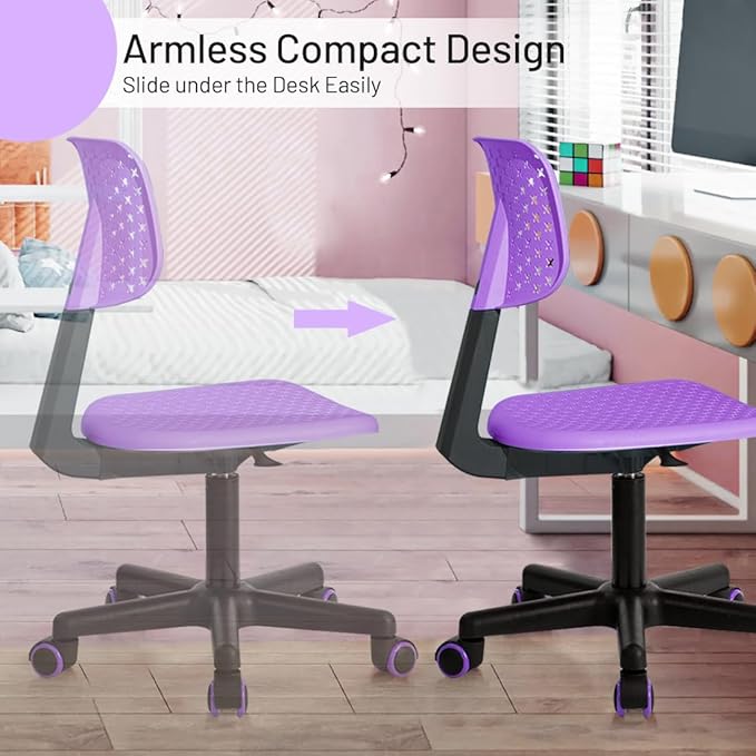 Desk Chair Armless Cute Office Chair, Low Back Rolling Home Office Task Chair Adjustable Swivel Study Chair for Girls Teens Adults Children Kids, Purple - LeafyLoom