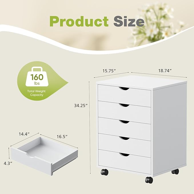 DUMOS 5 Drawer File Cabinet 5 Wood Rolling Organizer Storage Chest with Wheels Mobile Printer Stand for Home Office, White - LeafyLoom