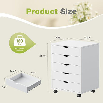 DUMOS 5 Drawer File Cabinet 5 Wood Rolling Organizer Storage Chest with Wheels Mobile Printer Stand for Home Office, White - LeafyLoom