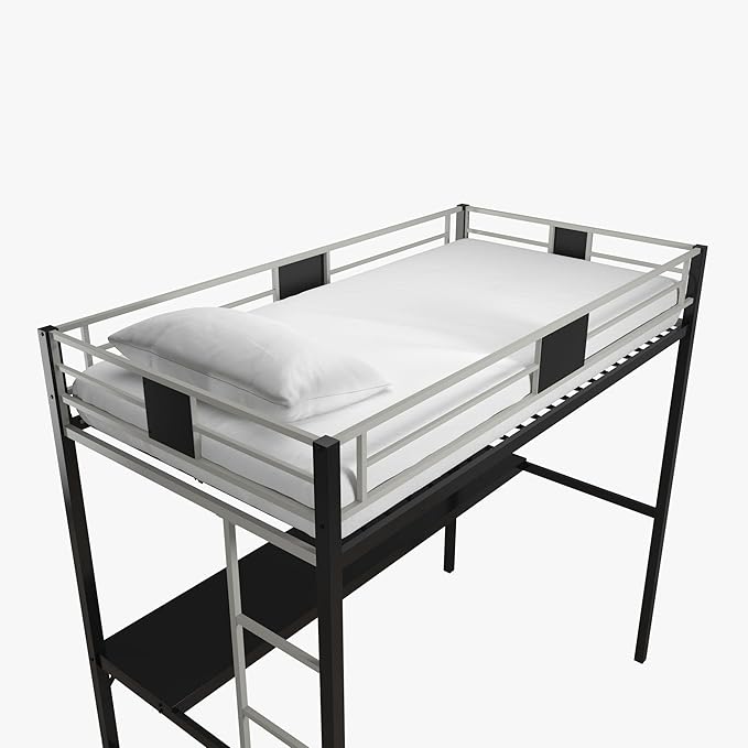 DHP Screen Loft Metal Bunk Bed with Desk and Ladder, Space-Saving Design, Silver Twin - LeafyLoom