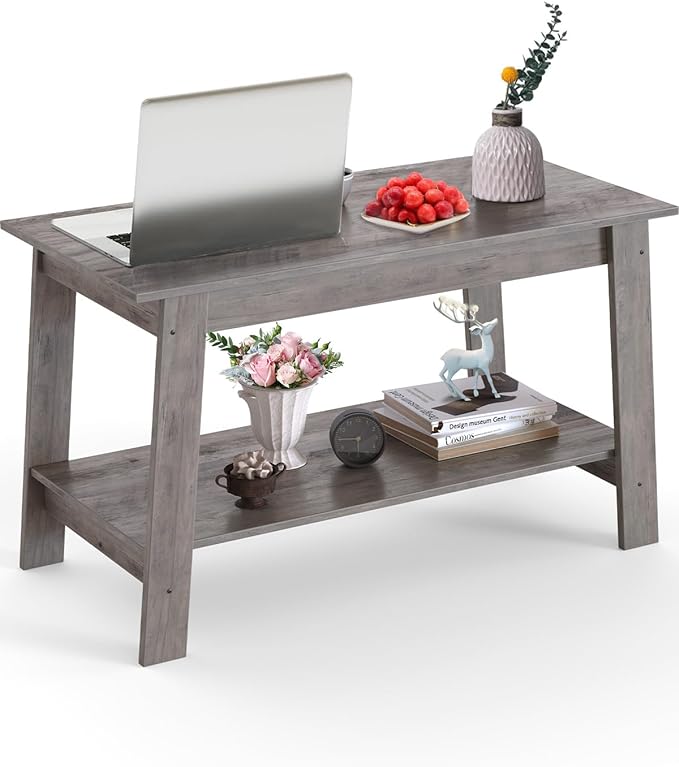 Coffee Table for Living Room, 2-Tier Coffee Table with Storage Shelf, Living Room Table Rectangular Center Table, Farmhouse Wood Coffee Table, Modern TV Stand for Small Spaces, Easy Assembly, Gray - LeafyLoom