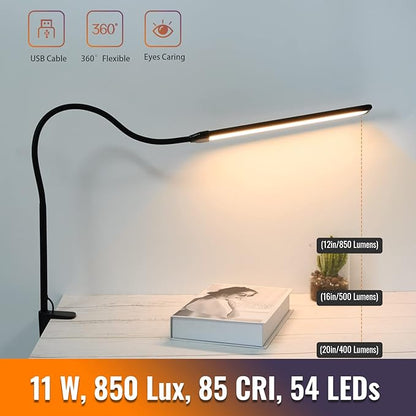 LED Desk Lamp with Clamp, Clamp Light, Tall Desk Lamp with Long Gooseneck, 11W, 850 LMS, 3 Color Modes, 10 Brightness Levels, Eye-Caring, Clip on Desk Light for Reading, Home, Office - LeafyLoom