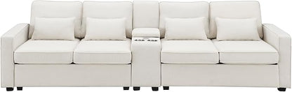 114.2" Linen Upholstered Sofa with Consoleand 2 USB Ports Wired or Wirelessly Charged,Modern 4-Seat Couches W/ 4 Pillows and Two Cupholders,for Living Room,Apartment,Beige - LeafyLoom