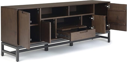 SIMPLIHOME Banting SOLID HARDWOOD 72 Inch Wide Industrial TV Media Stand in Walnut Brown for TVs up to 80 Inch, For the Living Room and Entertainment Center - LeafyLoom