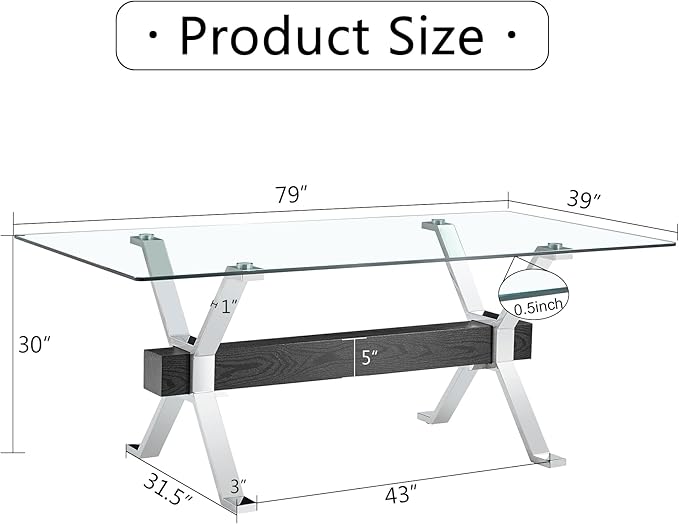 NicBex Dining Table Modern Tempered Glass Dining Table Large Modern Office Desk with Silver Plated Metal Legs and MDF Crossbars, Suitable for Both Home and Office Use, Silver + Black - LeafyLoom