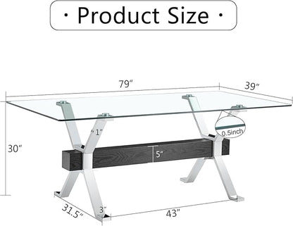 NicBex Dining Table Modern Tempered Glass Dining Table Large Modern Office Desk with Silver Plated Metal Legs and MDF Crossbars, Suitable for Both Home and Office Use, Silver + Black - LeafyLoom