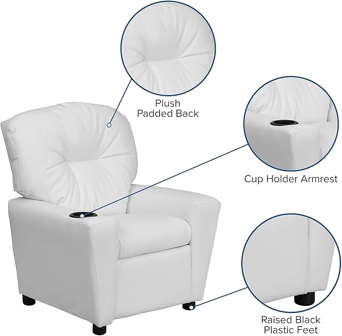 Flash Furniture Chandler Vinyl Kids Recliner with Cup Holder and Safety Recline, Contemporary Reclining Chair for Kids, Supports up to 90 lbs., White - LeafyLoom