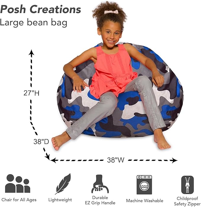 Posh Creations Bean Bag Chair for Kids, Teens, and Adults Includes Removable and Machine Washable Cover, Soft Nylon - Camo Blue and Brown, 38in - Large - LeafyLoom