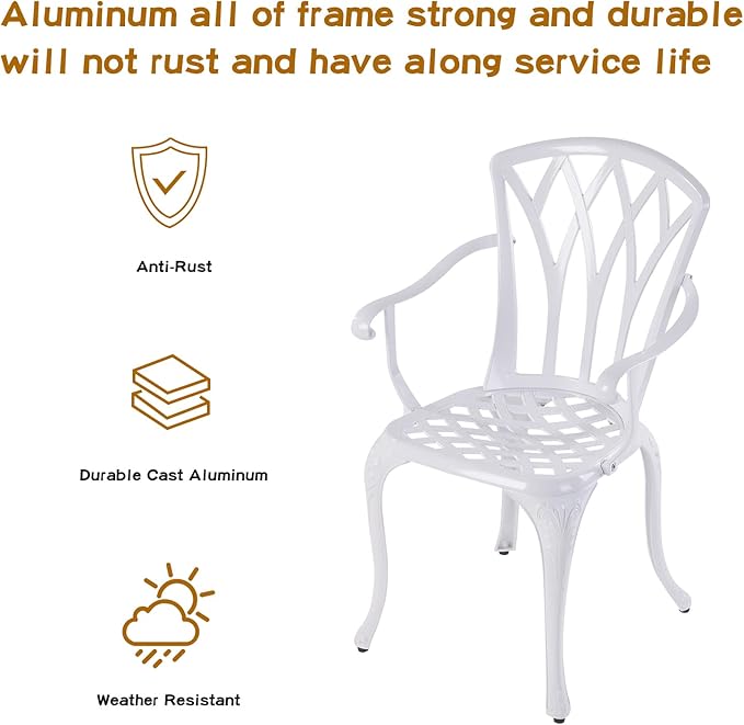 Jardin DE CENTENNAIL 3-Piece Outdoor Bistro Set Cast Aluminum Rust-Resistant Patio Furniture Armchairs Design (White) - LeafyLoom