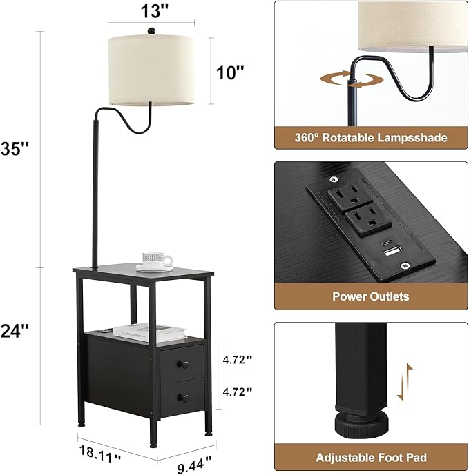 Dungoo 59" Floor Lamp with Table, Black End Table with Lamp Attached with USB & Type-C Ports and 2 Outlets, Rustic End Table with Storage Drawers, Bedside Nightstand for Living Room Bedroom - LeafyLoom