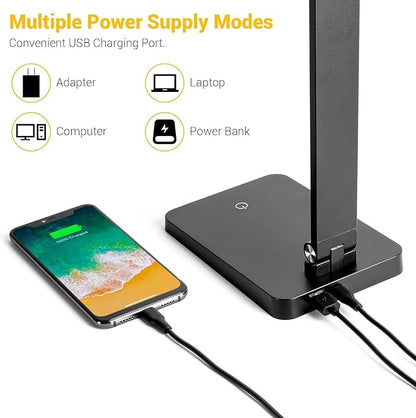 LED Desk Lamp for Home Office, 3 Levels Dimmable Desk Light with USB Charging Port, Small Study Lamp, Reading Light for Table, Black, 5000K - LeafyLoom