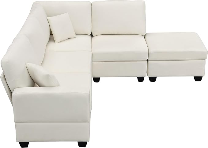 89.8" Modern Sectional Sofa with Convertible Ottoman and 2 Pillows,L-Shape Linen Fabric Corner Couch 5 Set W/Back & Cushion,can Hold up to 330 Lbs,for Apartment,Living Room,Beige - LeafyLoom