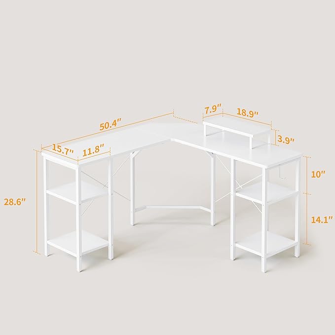 BANTI L Shaped Desk with Shleves, 50.4 inch Large Corner Desk with Two Storage, Space Saving, Easy to Assemble, White - LeafyLoom