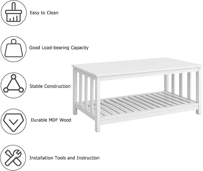 TaoHFE White Modern Coffee Table with Storage Shelf 2-Tier Living Room Table Rectangular Center Table 40 Inch Wooden Coffee Tables for Living Room Furniture for Living Room, Meeting Room, Office - LeafyLoom