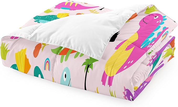 Dinosaur Twin Bedding Set, Cartoon Dinosaur Comforter Set Twin Girl Bedding Set for Girls Room Soft Breathable Dino Quilt Kids Bedding Set for All Season, 1 Comforter 1 Pillowcase - LeafyLoom