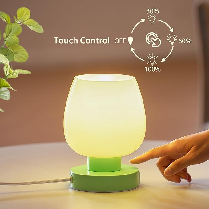 Touch Bedside Table Lamp with USB Charging - Modern Green Small Lamp for Bedroom Living Room Nightstand, Desk lamp with Glass Lamp Shade, Warm LED Bulb Included, 3 Way Dimmable, Simple Design - LeafyLoom