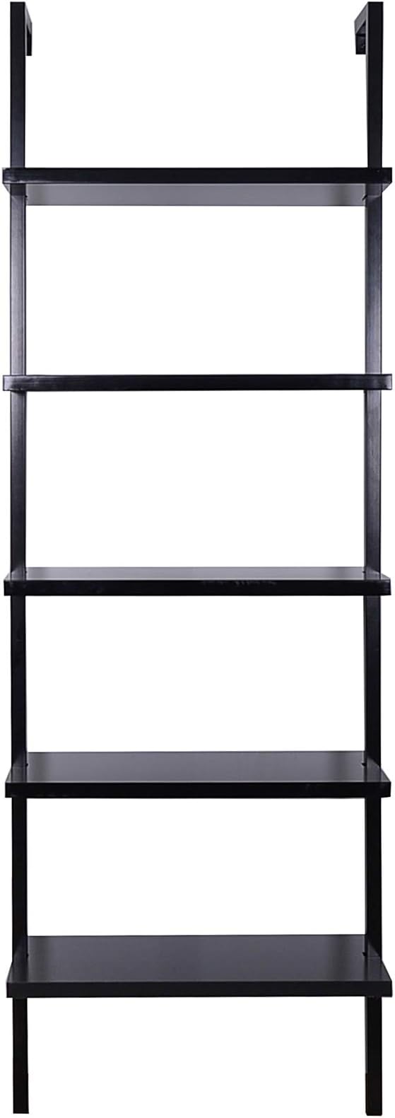 Nathan James Theo 5-Shelf Black Modern Bookcase, Open Wall Mount Ladder Bookshelf with Industrial Metal Frame - LeafyLoom