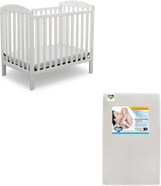 Delta Children Emery Mini Convertible Baby Crib & Twinkle Stars 3-Inch Waterproof Mini Crib Mattress, Bianca White - LeafyLoom