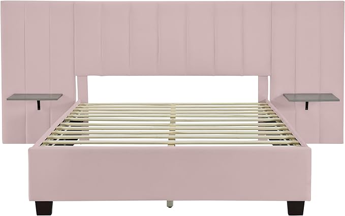 Queen Upholstered Platform Bed Frame with Extended Headboard and and Two Shelves, Velvet Bed, No Box Spring Needed, Pink - LeafyLoom