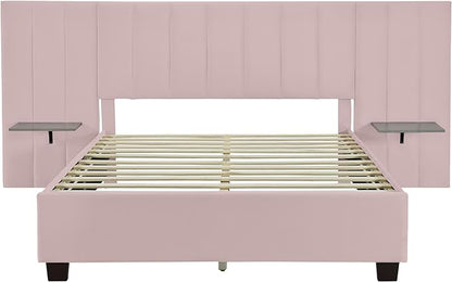 Queen Upholstered Platform Bed Frame with Extended Headboard and and Two Shelves, Velvet Bed, No Box Spring Needed, Pink - LeafyLoom