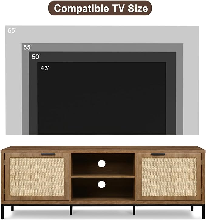 Anmytek Farmhouse Rattan TV Stand for 65 Inch TV Rustic TV Console Table with 2 Rattan Doors Modern Entertainment Center for Living Room Bedroom H0033 - LeafyLoom